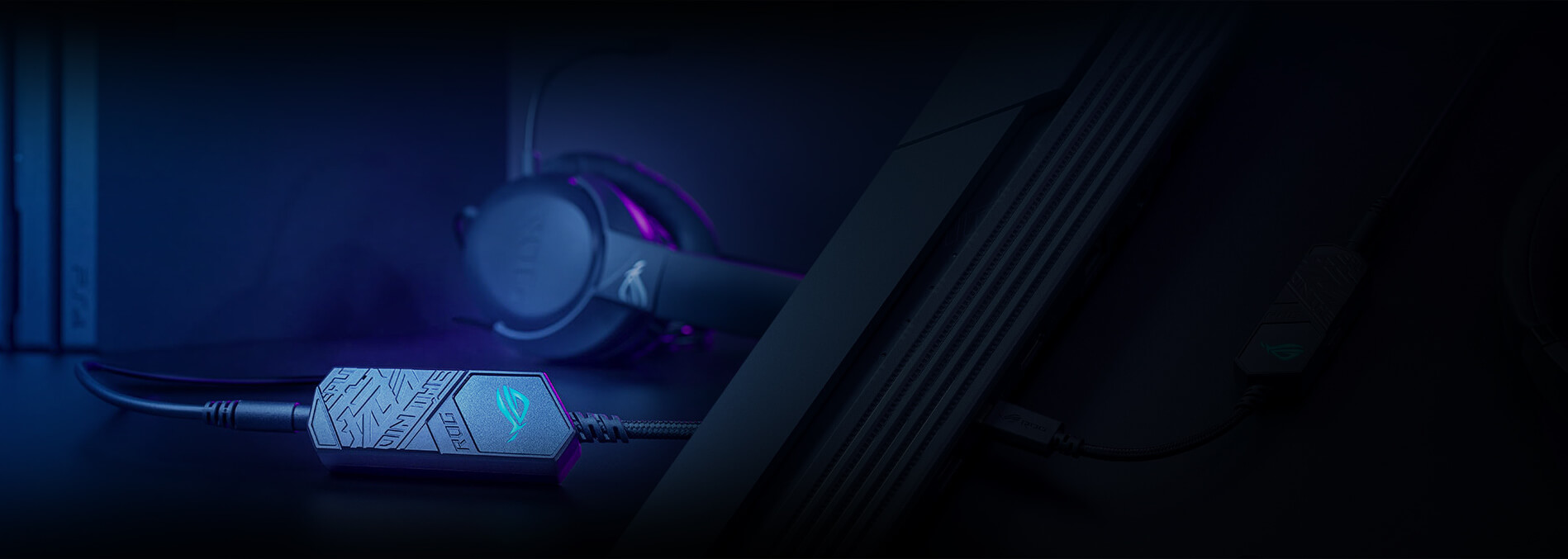 ROG gaming headset with volume adjuster in foreground