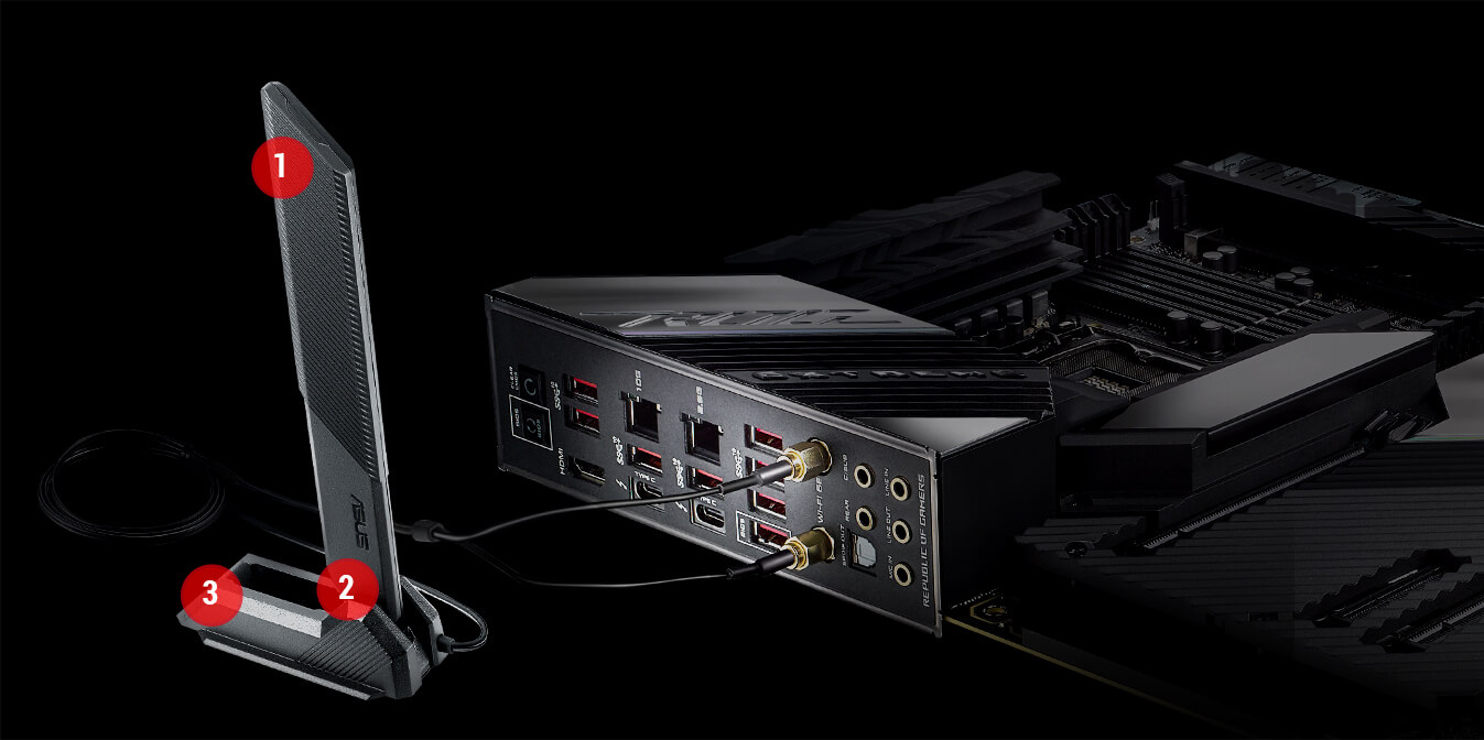 Rear I/O of ROG Maximus XIII Extreme with connected WiFi 6E Antenna