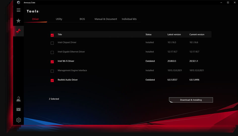 The user interface of the driver & manual download section