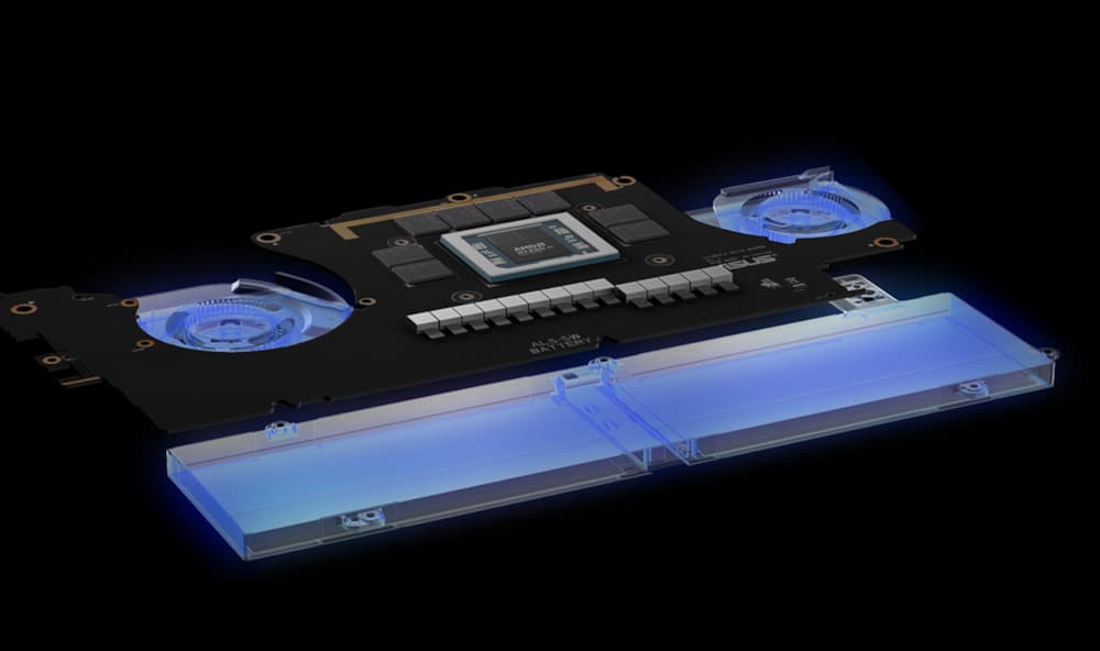 An image of the entire inside of the Flow Z13, with emphasis on the size of the fans and battery.
