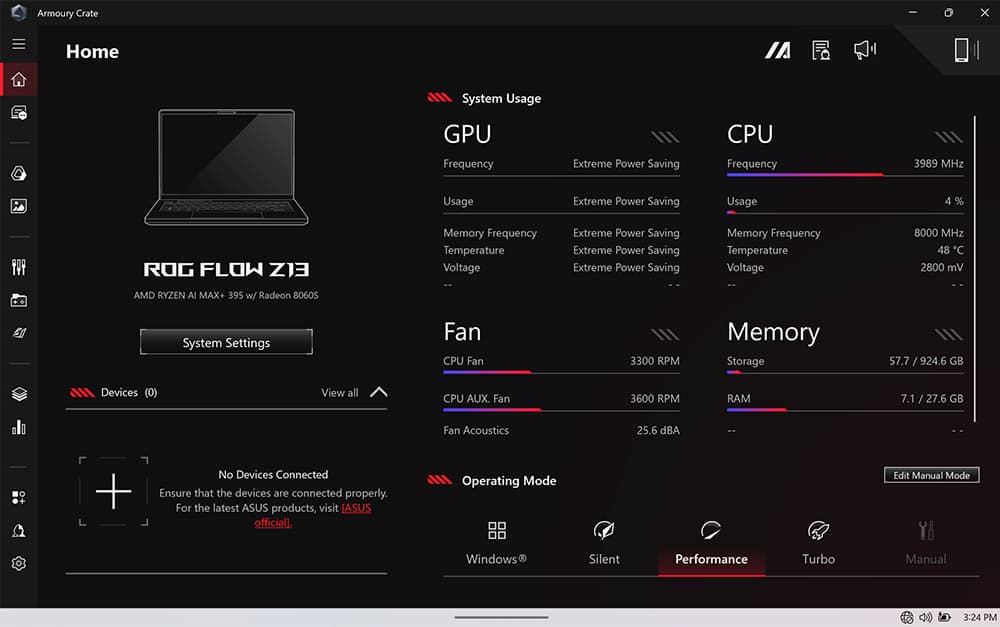 A screenshot of the information available in Armoury Crate of the Flow Z13’s status and performance.
