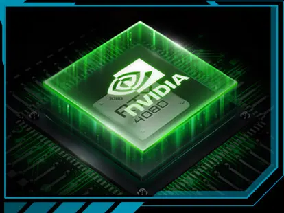A blue square on a circuit board with the NVIDIA logo on the inside.