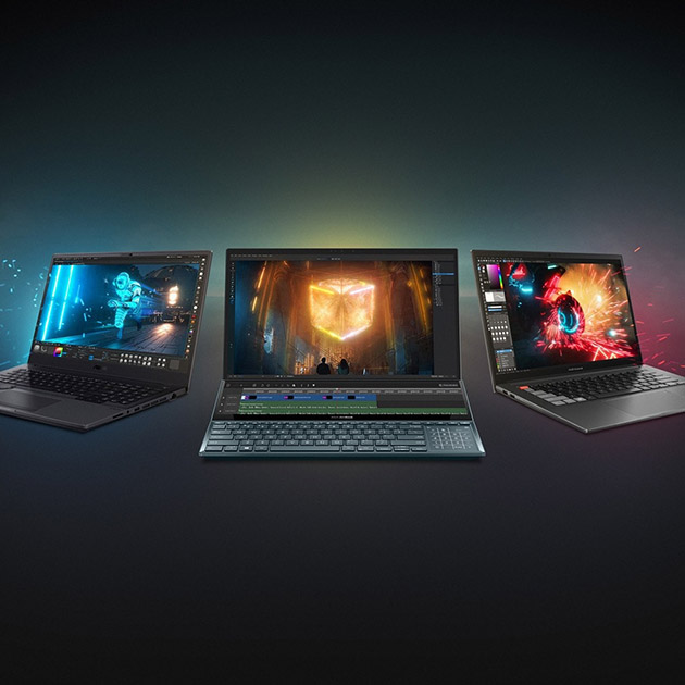 ProArt Studiobook, ASUS Zenbook, and ASUS Vivobook displayed with creator-compatible applications