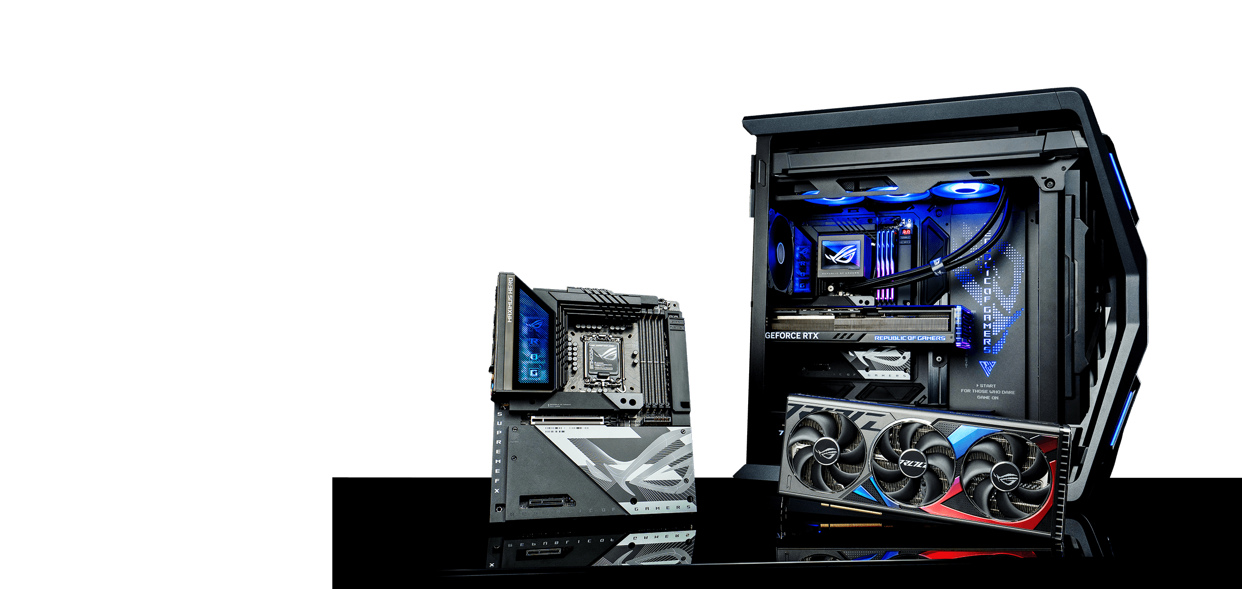 ROG BTF Ecosystem with ROG Maximus Z790 Hero BTF motherboard, ROG Strix GeForce RTX™ 4090 BTF Edition graphics card, and ROG Hyperion GR701 BTF Edition chassis
