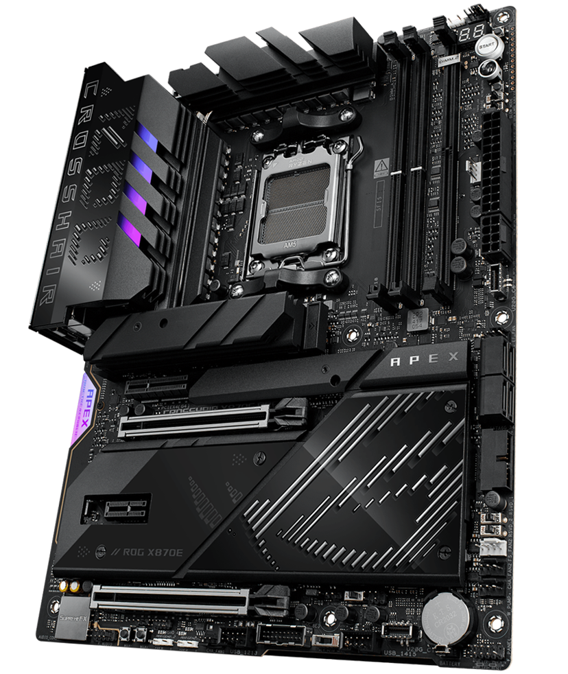 The ROG Crosshair X870E Apex left sided angle
