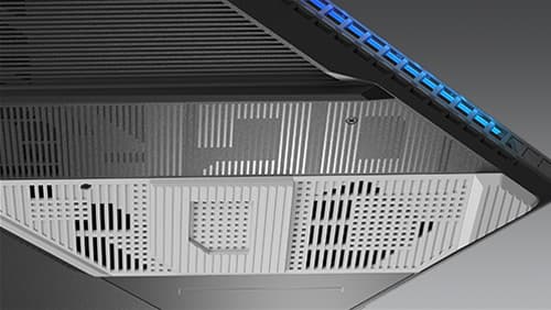 A closeup showing the rubber and ROG typographic design beneath the base of the SCAR 16.