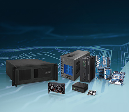 ASUS IoT presenting comprehensive product portfolio in two lines including one CTOS system, one edge AI system, three industrial motherboards in the back row, and one accelerator card, one Jetson edge ai system and one tinker board in the front row