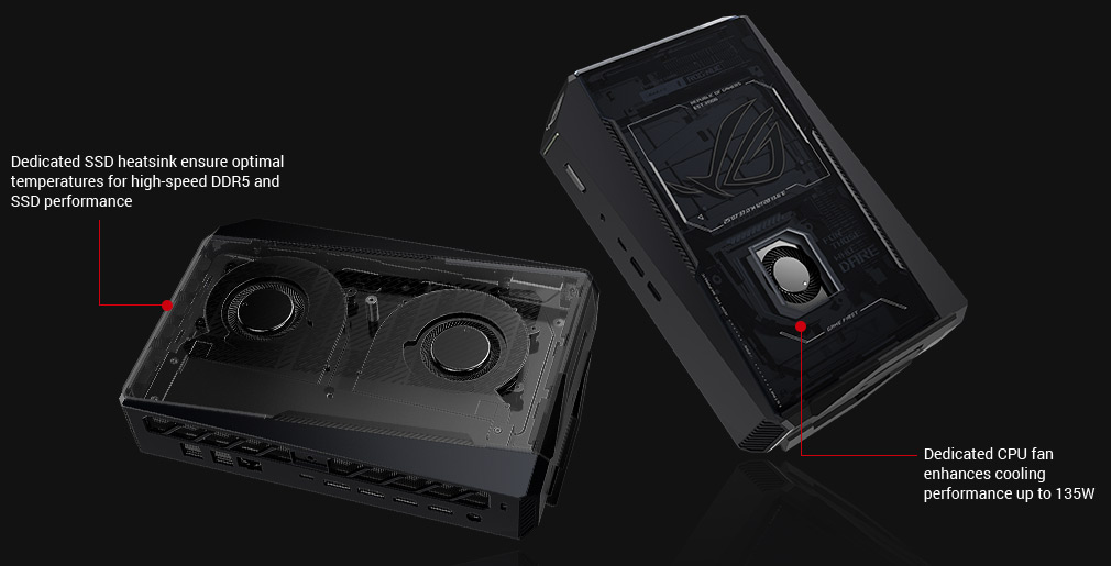 Cooling fans and SSD heatsinks interior of ROG NUC 2025 and CPU cooling fan interior of ROG NUC 2025