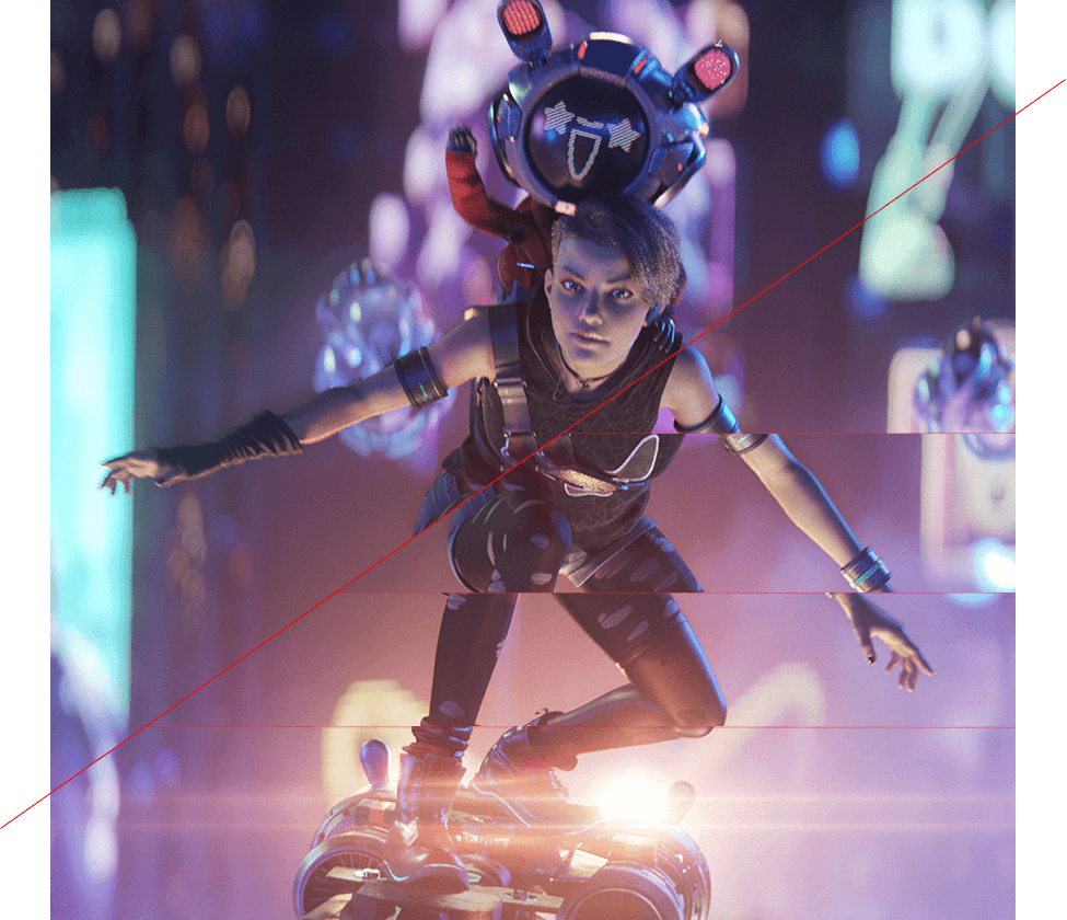Image of two characters riding a flying hoverboard, with one character’s body showing some screen tearing when VRR technology is off.