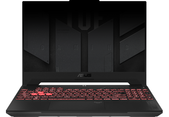 TUF Gaming A15, with an artist's representation of EQ balance in the background.