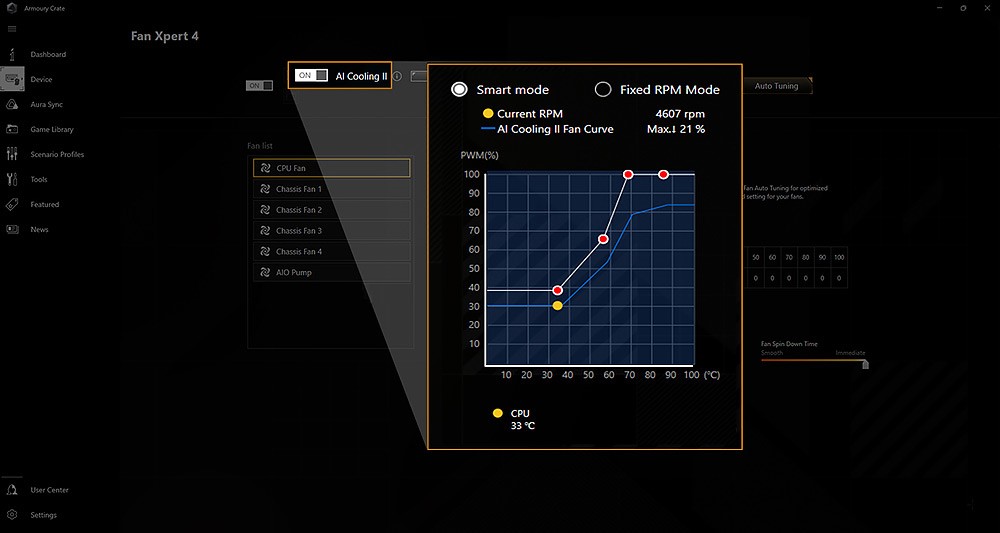De gebruikersinterface van Armoury Crate toont hoe AI Cooling met één klik kan worden geconfigureerd