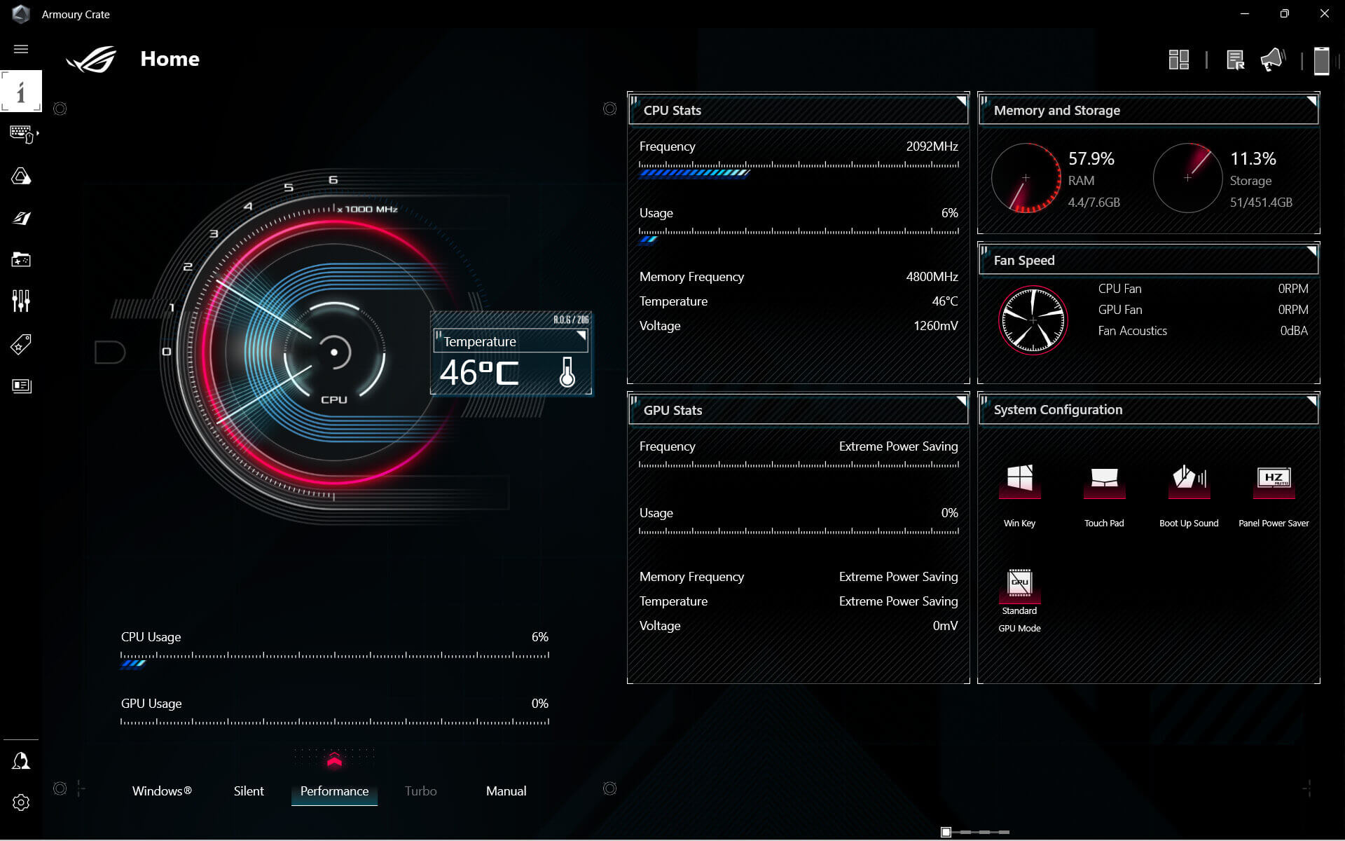 A interface de utilizador do software Armoury Crate, mostrando a visão geral do estado do sistema.
