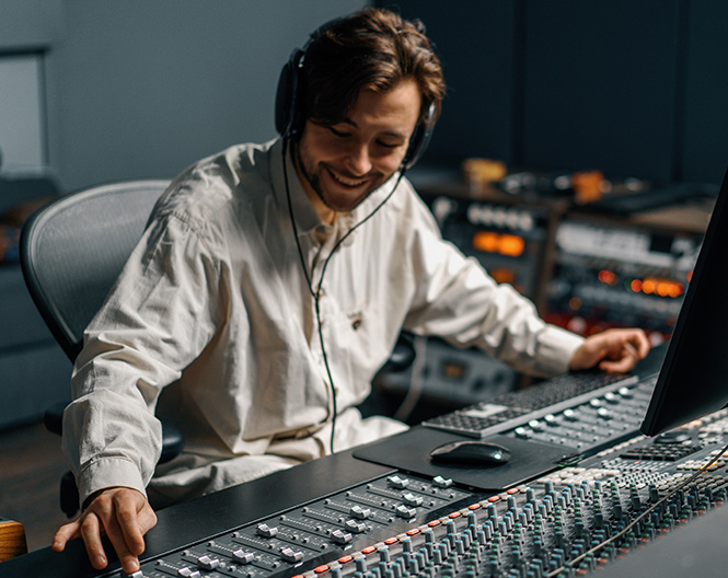Un homme compose de la musique avec des écouteurs dans une station de production musicale.