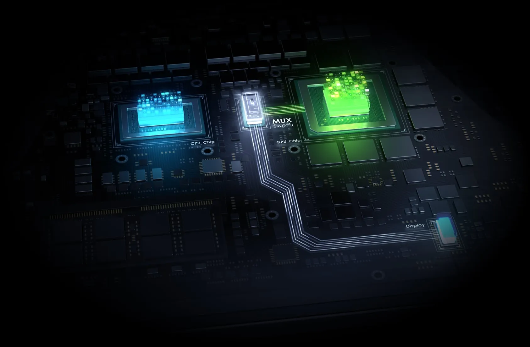 representación en 3D de una CPU, una GPU y un MUX Switch que dirigen la señal de vídeo a la pantalla.