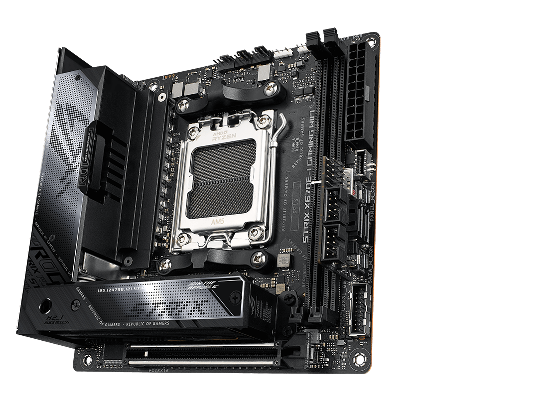 The ROG Strix X670E-I front and back designs offer a clean, modern aesthetic