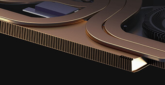 Uma aproximação de uma renderização dos heatpipes de cobre que levam a um dissipador de cobre