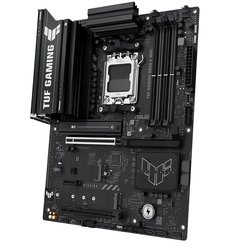 TUF Gaming motherboard front view, 60 degrees, with Aura lighting