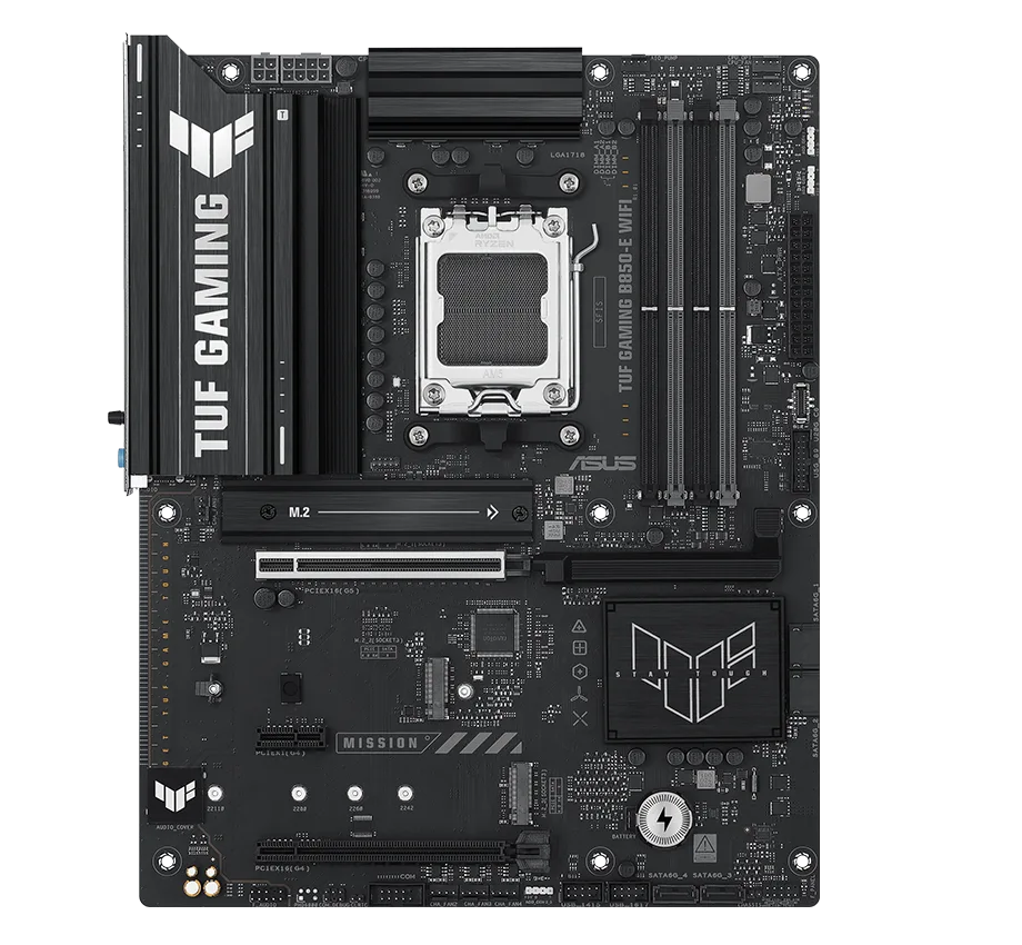 TUF Gaming motherboard front view, with Aura lighting