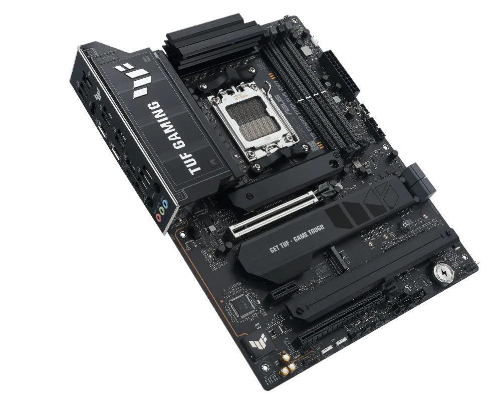TUF Gaming motherboard front view, 45 degrees