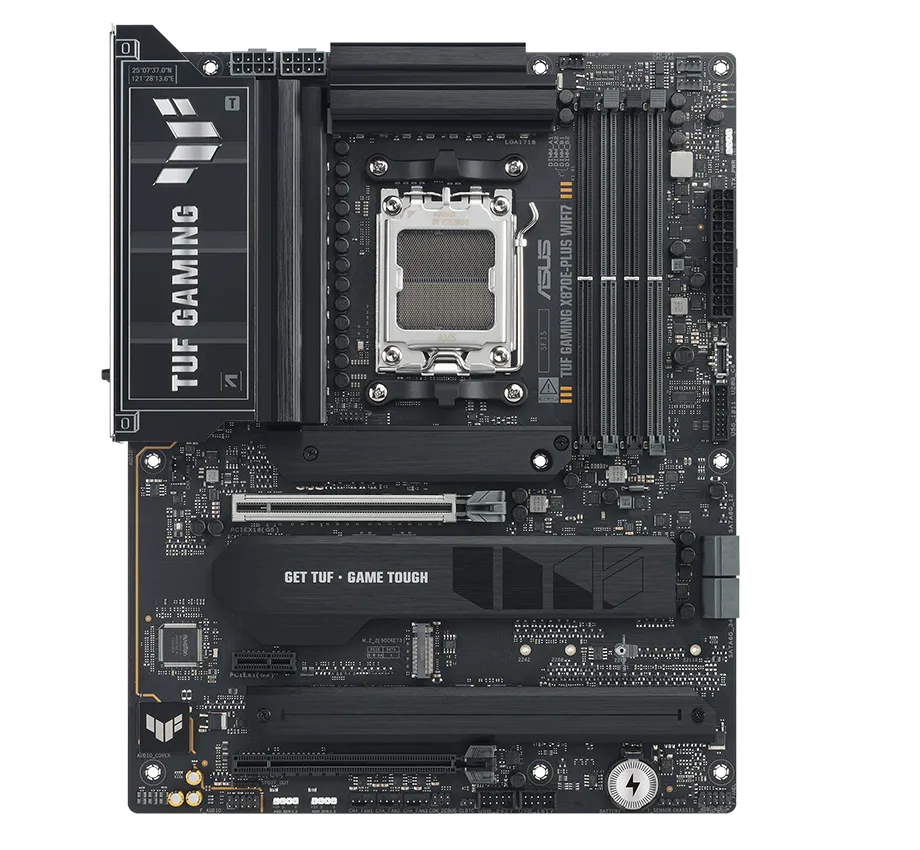 TUF Gaming motherboard front view, with Aura lighting