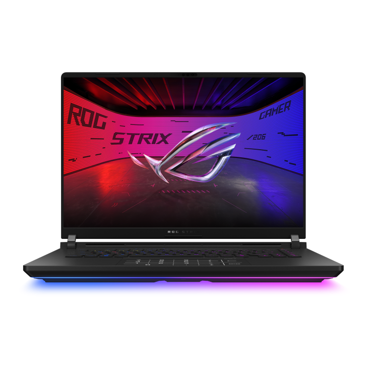 Front view of the Strix SCAR 16, with the ROG Fearless Eye logo visible on screen and the keyboard visible